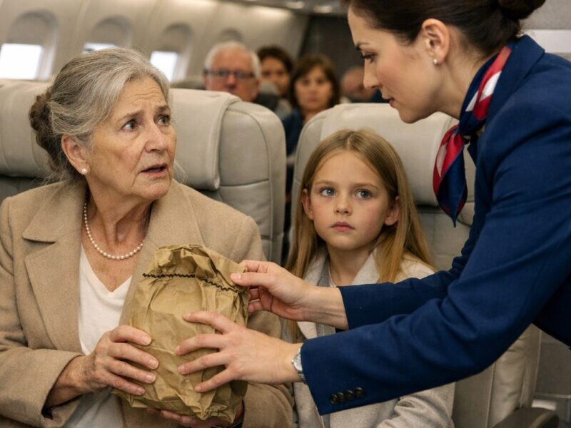 Η αεροσυνοδός μου άρπαξε την ισοθερμική τσάντα από τα χέρια — είμαι εβδομήντα τριών ετών — πριν πετάξει το γεύμα μου στα σκουπίδια, στην πρώτη θέση, μπροστά στα σιωπηλά μάτια της εγγονής μου