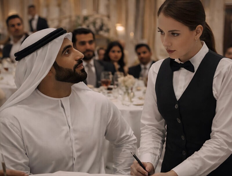 Ο σεΐχης πρόσβαλε τη σερβιτόρα στα αραβικά μπροστά σε όλο το εστιατόριο, νομίζοντας ότι είχε απέναντί του ένα ανόητο κορίτσι, αλλά η πράξη της σερβιτόρας σόκαρε ολόκληρο το εστιατόριο, συμπεριλαμβανομένου και του ίδιου του σεΐχη