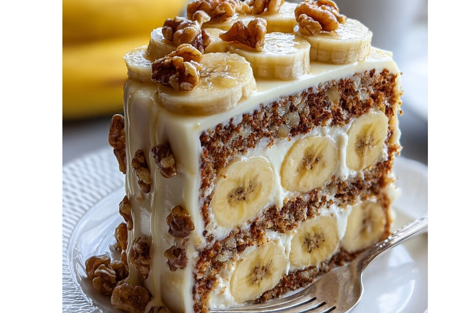 Σπιτικό Κέικ μπανάνας με καρύδια και κρέμα