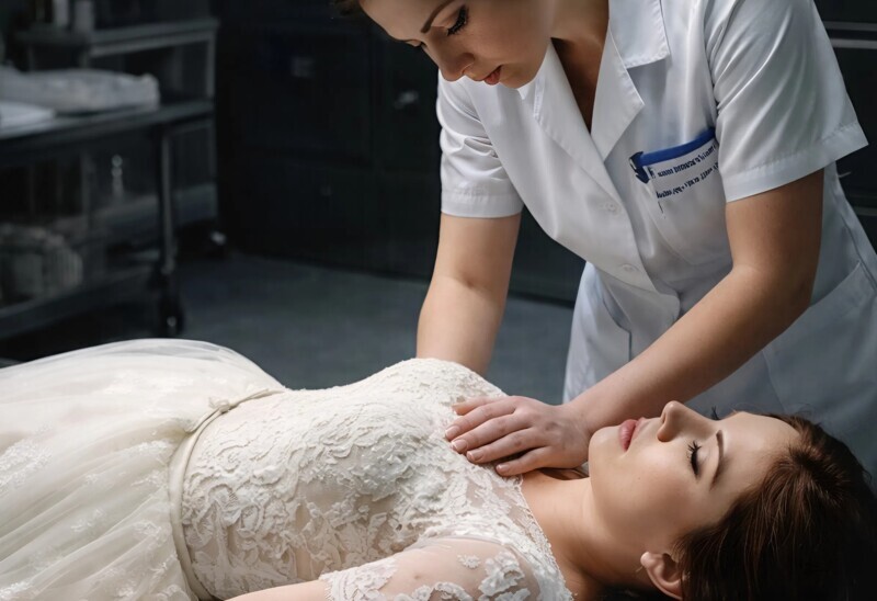 Η νύφη πέθανε την ίδια στιγμή κατά τη διάρκεια του γάμου και τη μετέφεραν στο νεκροτομείο, όμως η υπάλληλος του νεκροτομείου παρατήρησε κάτι παράξενο: η νύφη είχε ροδαλά μάγουλα, σαν να ήταν ζωντανή, και χτυπούσε η καρδιά της