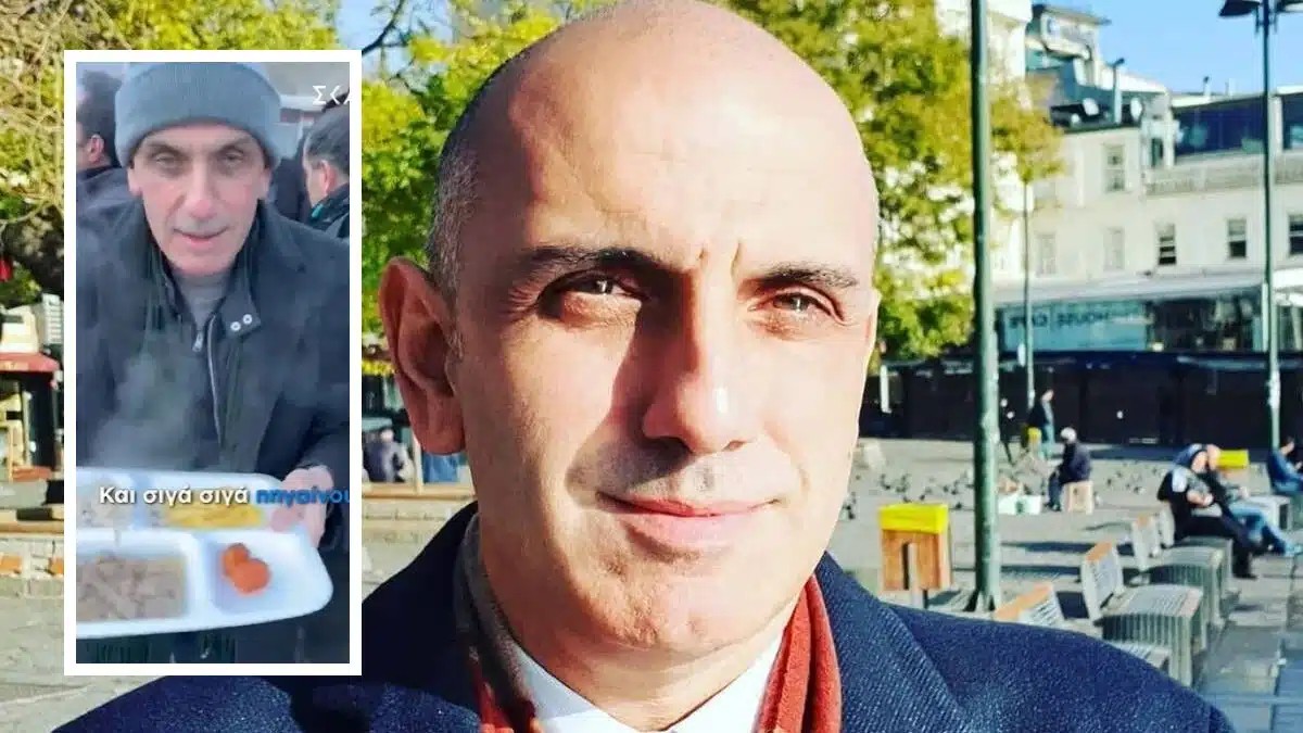 Ο Μανώλης Κωστίδης στην ουρά για το συσσίτιο των δημοσιογράφων που μοιράζουν οι Τούρκοι στα σύνορα