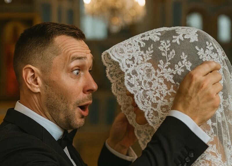 Κατά τη διάρκεια της γαμήλιας τελετής, ο γαμπρός σήκωσε αργά το πέπλο της νύφης για να τη φιλήσει, αλλά αυτό που είδε από κάτω τον τρόμαξε