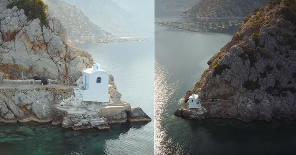 Το ελληνικό εκκλησάκι δίπλα στο κύμα που είναι φτιαγμένο από κρασί και χώμα