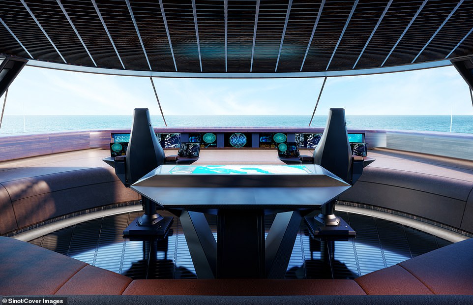 The ship's wheelhouse is located under a bubble hood-shaped roof on the bridge deck and has a 360 degree view of the surrounding ocean. It is from this spaceship-like room that the ship's captain and his 32-strong crew operate the vessel