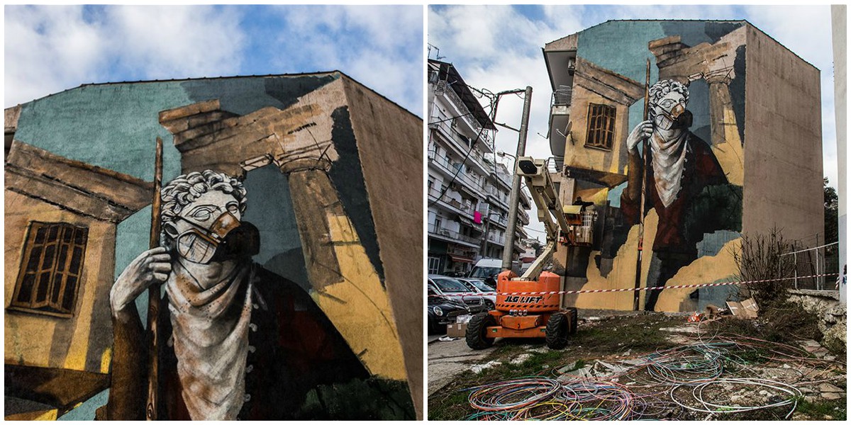 Δράμα: Εντυπωσιακό γκράφιτι με θέμα τον κορονοϊό σε πολυκατοικία της πόλης – Δείτε φωτογραφίες