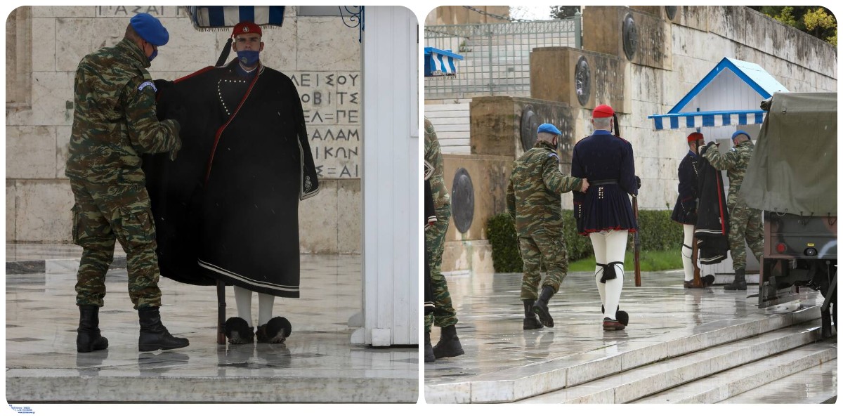 Εύζωνες Προεδρικής Φρουράς: Φόρεσαν κάπες για να προστατευτούν από την κακοκαιρία «Μήδεια»