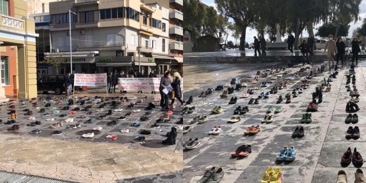 Ηράκλειο Κρήτης: Γιατί γέμισε με παπούτσια η Πλατεία Ελευθερίας