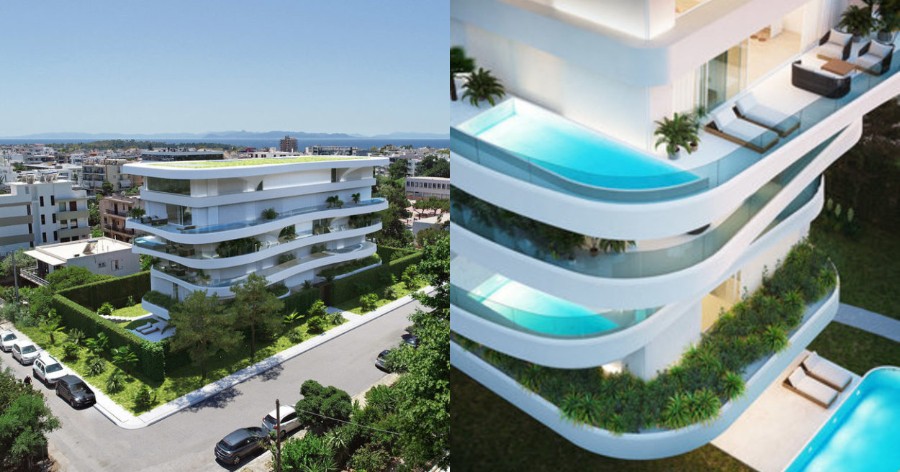 Υπερλούξ πολυκατοικία στη Γλυφάδα με πισίνα σε κάθε μπαλκόνι και εσωτερικό σαν μικρή βίλα