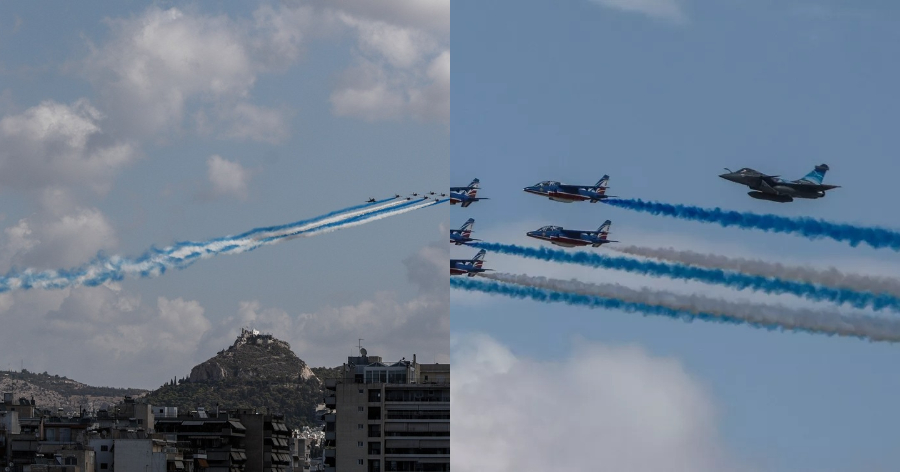 Γαλλικά αεροσκάφη: Σχημάτισαν τα ελληνικά χρώματα στον Αττικό ουρανό