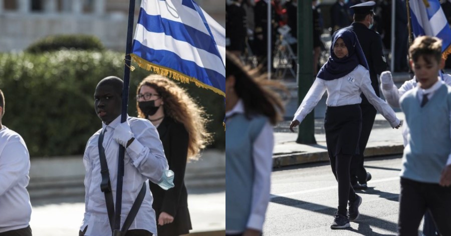 Παρέλαση: Ο μαύρος σημαιοφόρος, η παραστάτρια με τη μαντήλα και οι αντιδράσεις του κοινού