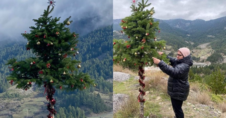Ζευγάρι στολίζει δέντρο στο βουνό: Ένα ξεχωριστό χριστουγεννιάτικο δέντρο στο Ανήλιο Μετσόβου