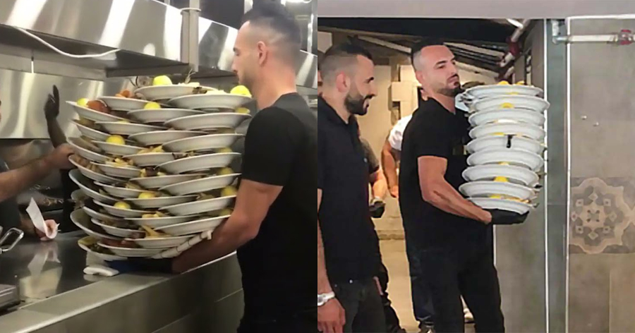 Απίστευτος σερβιτόρος με μια κίνηση κουβαλάει 33 πιάτα γεμάτα φαγητό