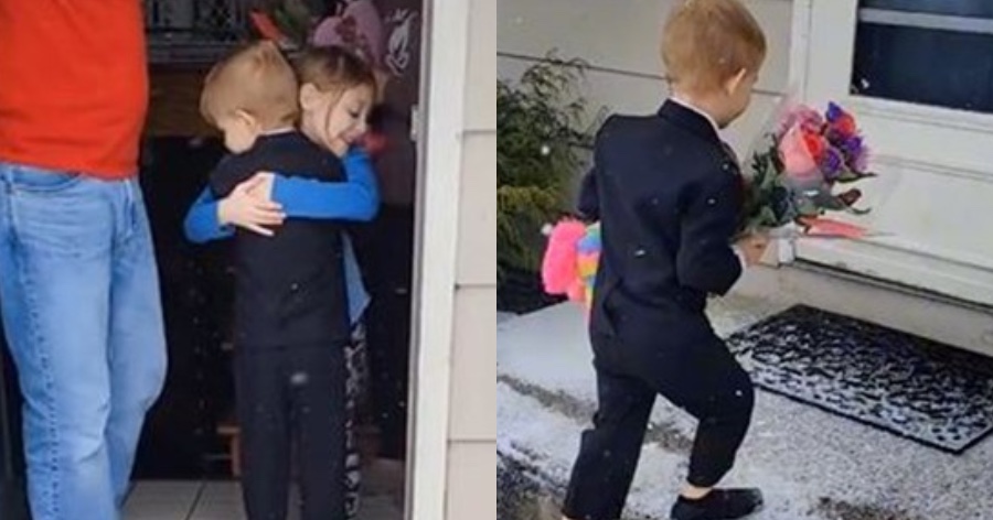 Άγιος Βαλεντίνος: 5χρονο αγοράκι φόρεσε τα καλά του και πήγε στην αγαπημένη του για να τις δώσει λουλούδια, γλυκά και αρκουδάκι