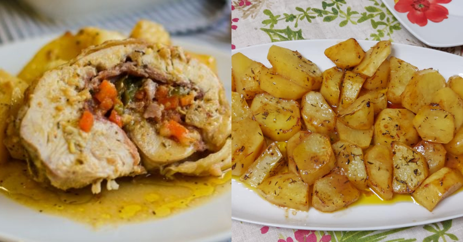 Ζουμερό ρολό κοτόπουλο: Η εύκολη συνταγή με μελωμένες πατάτες φούρνου