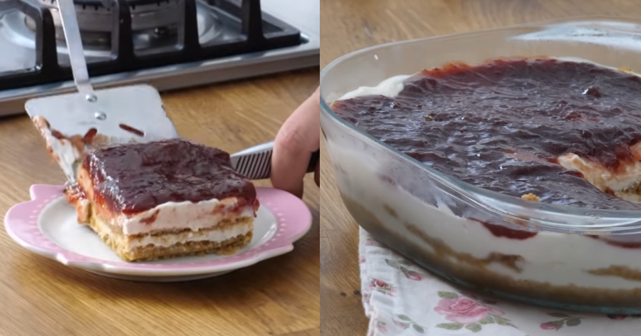 Σαν cheesecake: Πανεύκολο γλυκό ψυγείου με μαρμελάδα και γιαούρτι
