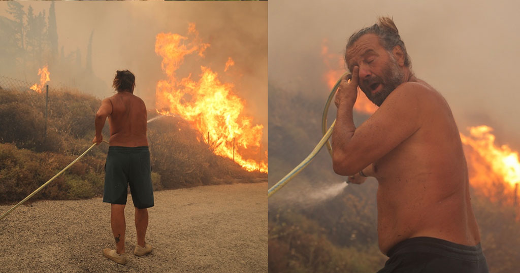 Εικόνες αποκάλυψης στην Πεντέλη: Κάτοικος προσπαθεί με λάστιχο να σταματήσει τη φωτιά πριν φτάσει στο σπίτι του