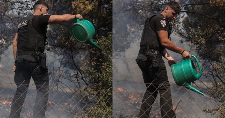 Πυρκαγιά στην Πεντέλη: Αστυνομικοί ΔΙΑΣ προσπαθούν να σβήσουν φωτιά με ποτιστήρια