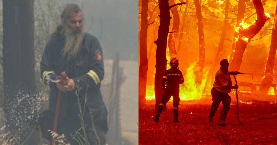 Συγκλονιστικές εικόνες από την Λέσβο: Ατρόμητοι ιερείς σήκωσαν τα ράσα και ρίχτηκαν στη μάχη με τις φλόγες