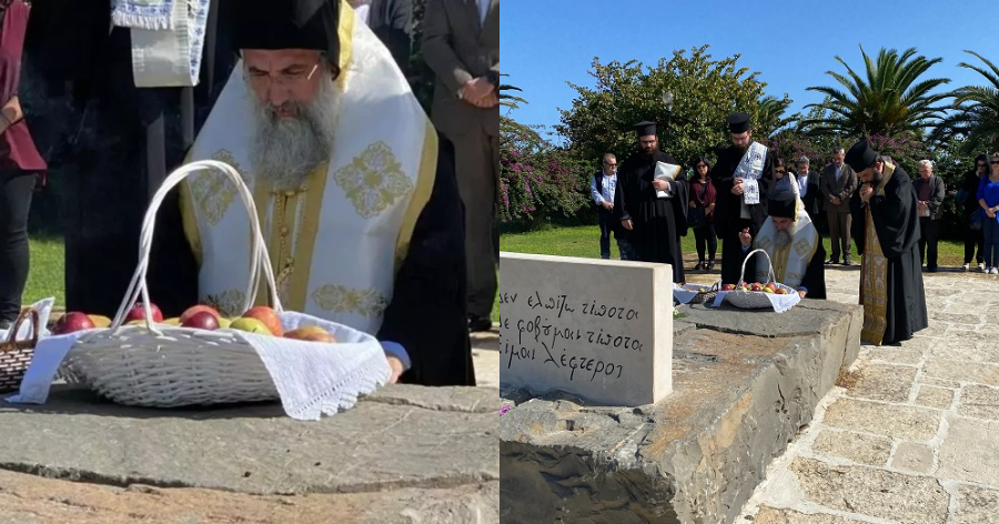 Η στιγμή που θα μείνει στην ιστορία: Ο Αρχιεπίσκοπος Κρήτης γονατίζει στον τάφο του Νίκου Καζαντζάκη