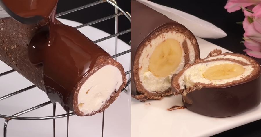 Ιδανικό για την λιγούρα: Μπανανογλυκό ψυγείου με επικάλυψη σοκολάτας και κρέμα τυριού έτοιμο σε 10 λεπτά