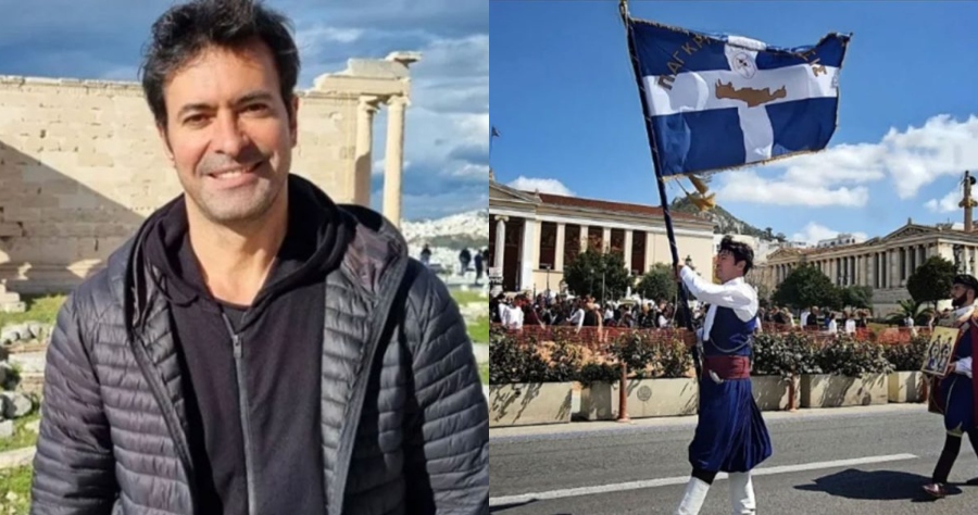 Ο Νίκος Παπαδάκης στη παρέλαση της 25ης Μαρτίου: Παρέλασε κρατώντας τη σημαία της Παγκρητίου Ενώσεως