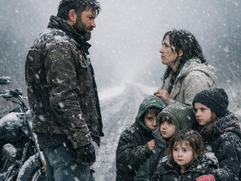 «Έλα μαζί μου», ψιθύρισε ο μοτοσικλετιστής σε μια μοναχική και απελπισμένη μητέρα, παγιδευμένη σε μια χιονοθύελλα με τα τέσσερα παιδιά της — μια πράξη που θα άλλαζε τη ζωή τους για πάντα