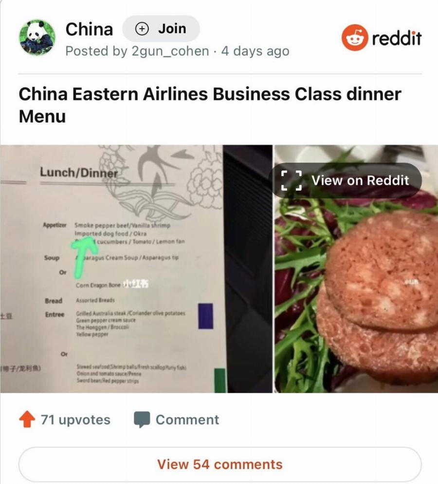 Αεροπορική εταιρεία προσέφερε στους επιβάτες τροφή για σκύλους και η εικόνα κάνει το γύρο του πλανήτη