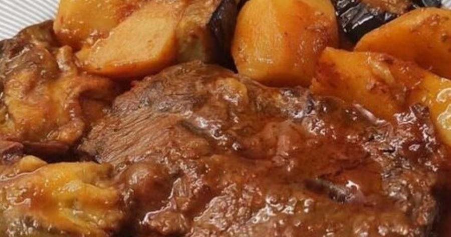 Παραδοσιακό μοσχάρι κοκκινιστό με πατάτες και μελιτζάνες