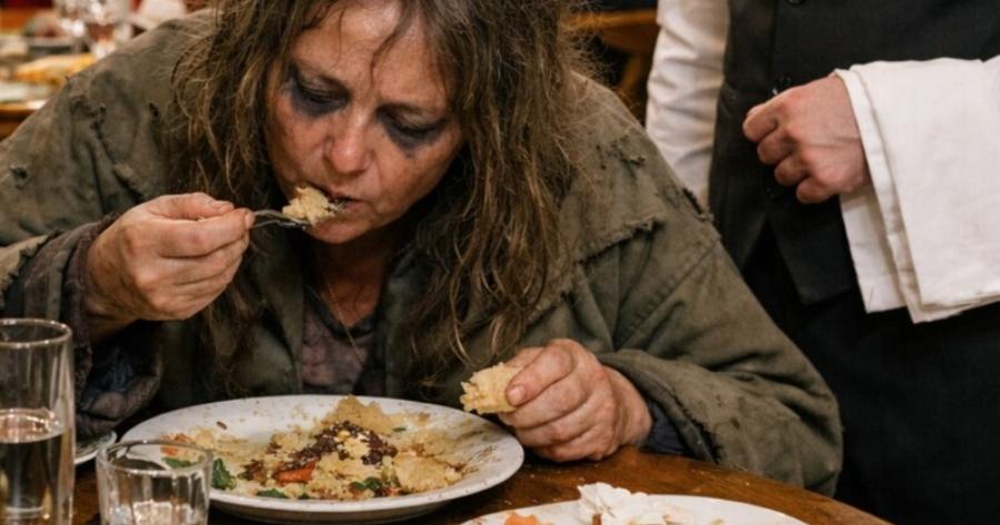 Μια άστεγη γυναίκα μπήκε σε ένα πολυτελές εστιατόριο για να τελειώσει τα αποφάγια των άλλων: οι σερβιτόροι και οι πελάτες την κοιτούσαν με περιφρόνηση και ζητούσαν να καλέσουν την αστυνομία