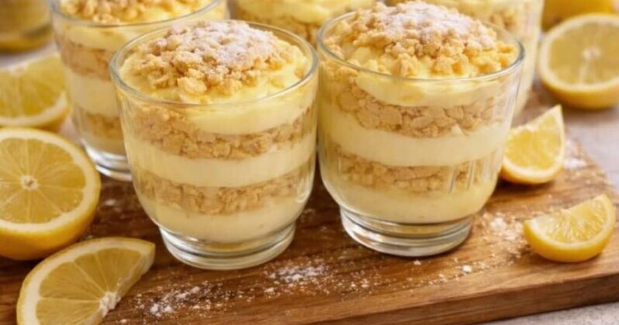 Δροσερό γλυκό σε ποτήρι με κρέμα λεμονιού και μπισκότο – Εύκολο και εντυπωσιακό