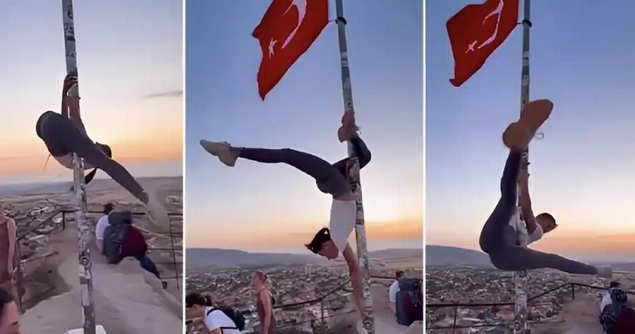Opγn στην Τουρκία: Kαλλovn τουρίστρια έκανε Evτuπωσιακo πολ ντανσινγκ σε στύλο με την τουρκική σημαία