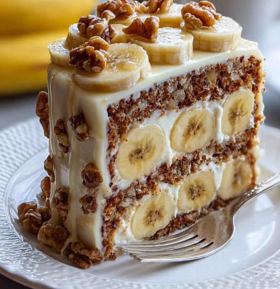 Σπιτικό Κέικ μπανάνας με καρύδια και κρέμα