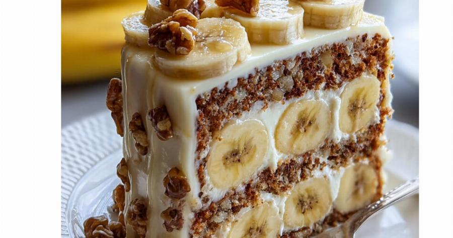 Σπιτικό Κέικ μπανάνας με καρύδια και κρέμα