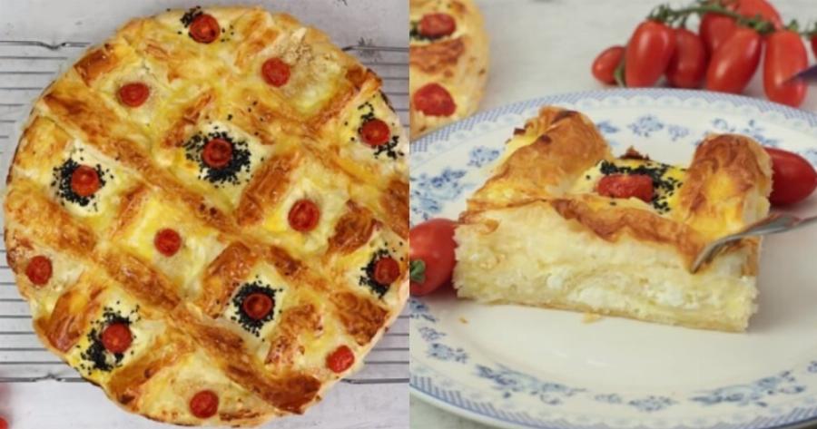 Θα σας τρέχουν τα σάλια: Αφράτη τυρόπιτα με φέτα, γιαούρτι και ντοματίνια που θυμίζει τάρτα