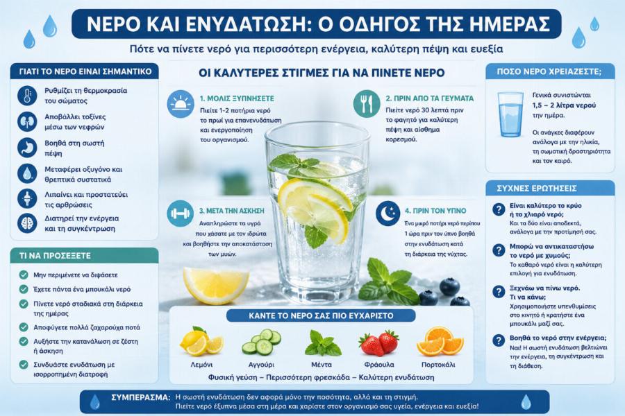 Το νερό και η σωστή ενυδάτωση: Πότε πρέπει να πίνετε νερό μέσα στη μέρα για περισσότερη ενέργεια και καλύτερη υγεία
