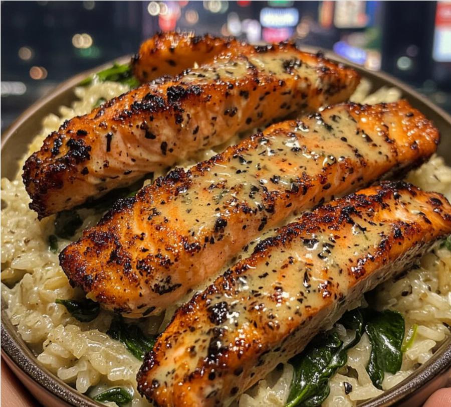 Σολομός με ρύζι πιλάφι και σπανάκι σκέτη απόλαυση