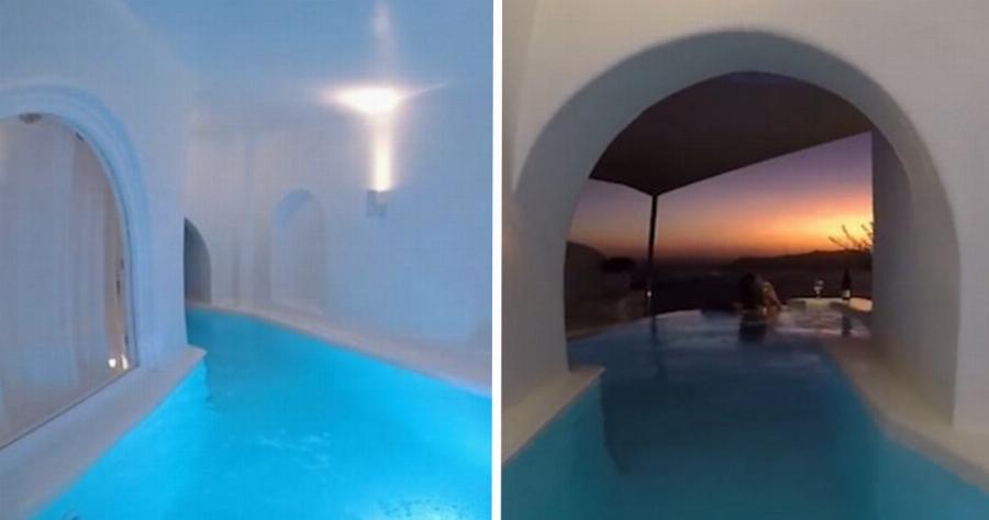 Τούνελ νερού οδηγεί σε ιδιωτική πισίνα και βρίσκεται σε ξενοδοχείο στη Σαντορίνη. Όμοιο του δεν έχετε ξαναδεί