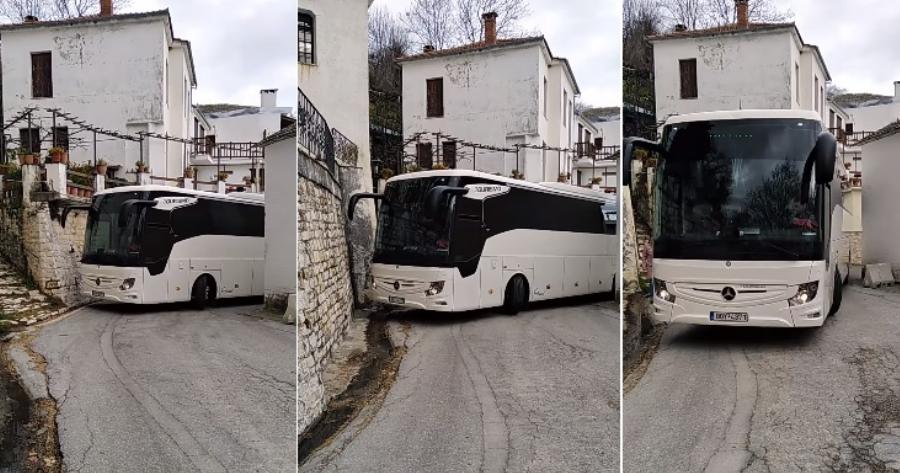 Πήλιο: Οδηγός ΚΤΕΛ περνάει με λεωφορείο μέσα από στενό με απίστευτη ακρίβεια