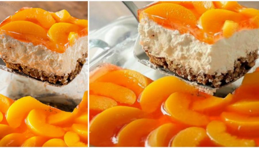 Γλυκό ψυγείου με βάση από μπισκότο και επικάλυψη από ροδάκινα και ζελέ