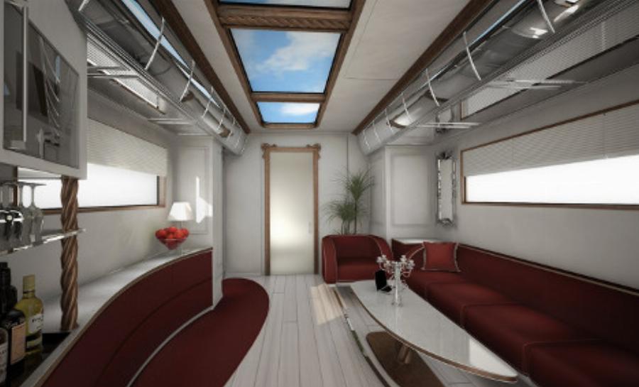Τροχόσπιτο παλάτι: Έχει θερμαινόμενο πάτωμα, αφαιρούμενη οροφή, τζάκι, κοκτέιλ μπαρ και μέσα θυμίζει κρουαζιερόπλοιο