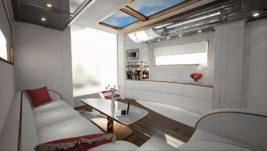 Τροχόσπιτο παλάτι: Έχει θερμαινόμενο πάτωμα, αφαιρούμενη οροφή, τζάκι, κοκτέιλ μπαρ και μέσα θυμίζει κρουαζιερόπλοιο