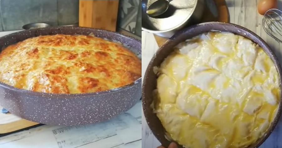 Φουσκωτή τυρόπιτα με φύλλο κρούστας και γιαούρτι, ψημένη σε λίγο χρόνο