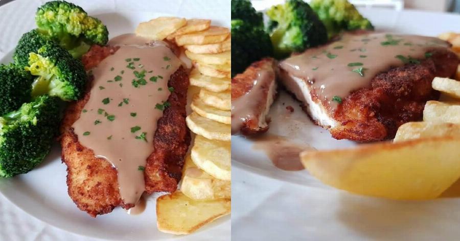 Σνίτσελ κοτόπουλο στο τηγάνι: Με Braun σως, μπρόκολο και τηγανητές πατάτες