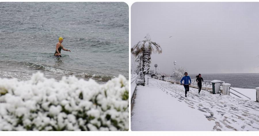 Άλιμος: Παρά το τσουχτερό κρύο και τα πυκνά χιόνια κάποιοι τολμηροί πήγαν για μπάνιο