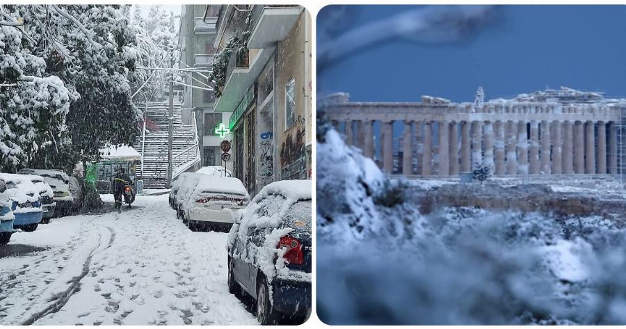 Αθήνα κακοκαιρία: Διανομέας πασχίζει με το μηχανάκι μέσα στα χιόνια για να παραδώσει καφέ