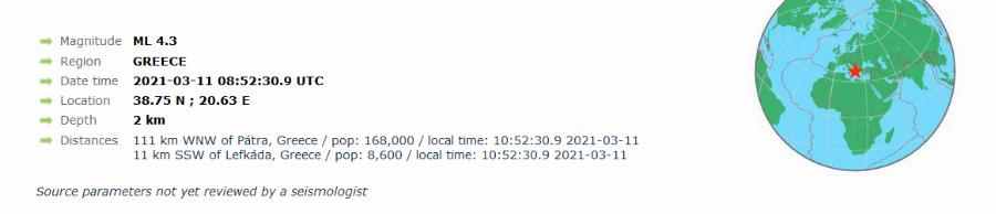 Λευκάδα σεισμός: Σεισμική δόνηση 4,4 ρίχτερ έλαβε χώρα πριν λίγη ώρα στη Λευκάδα