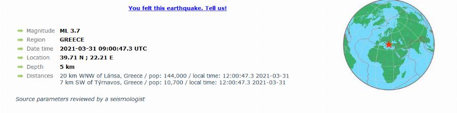 Ελασσόνα: Νέος σεισμός 3,7 ρίχτερ κοντά στην περιοχή της Ελασσόνας