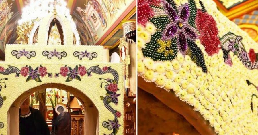 Χαλκιδική επιτάφιος: Έργο τέχνης ο Επιτάφιος στην Ουρανούπολη με 80.000 χάντρες και πέρλες και 20.000 χρυσάνθεμα