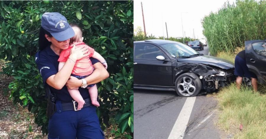 Γυναίκα αστυνομικός στο Ναύπλιο ηρεμεί στην αγκαλιά της μωρό μετά από τροχαίο και το διαδίκτυο δακρύζει