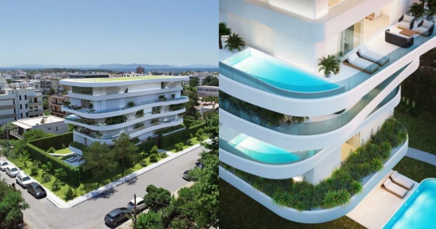 Υπερλούξ πολυκατοικία στη Γλυφάδα με πισίνα σε κάθε μπαλκόνι και εσωτερικό σαν μικρή βίλα